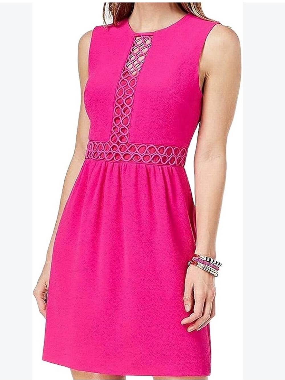 Trina Turk Hot Pink Sleeveless A-Line Dress with Lace Insets